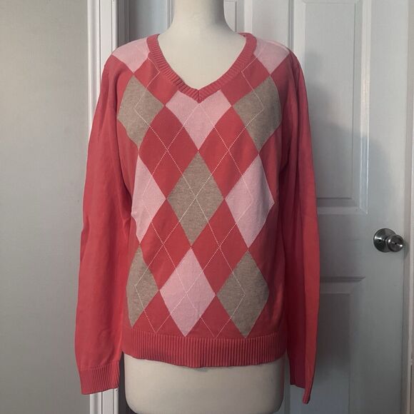 Argyle Sweater Large Izod Salmon Cotton Pink Tan Long Sleeves V Neck Preppy Golf - Picture 1 of 11